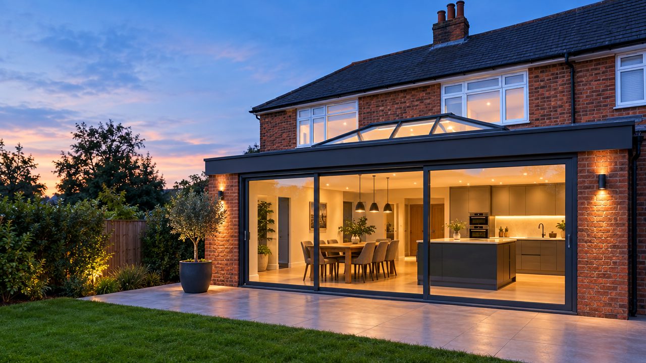 Modern rear extension on a brick semi-detached house at dusk
